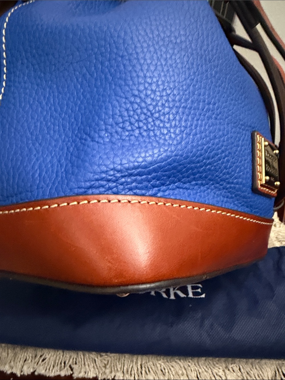 Dooney & Bourke Blue Leather Drawstring Bucket Bag with Brown Trim and Tassels - Picture 9 of 16